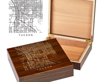 Tucson Arizona Box | City Maps | Custom Engraved Keepsake Box | City Skyline | Downtown City Map | Custom Cigar Humidor | Humidor Gifts
