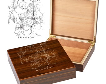 Branson Missouri Box | City Maps | Custom Engraved Keepsake Box | City Skyline | Downtown City Map | Custom Cigar Humidor | Humidor Gifts