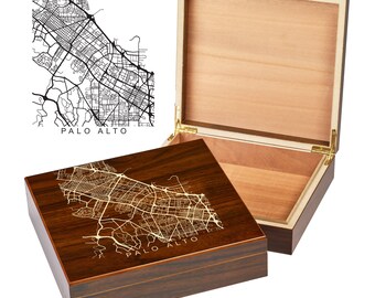 Palo Alto CA Box | City Maps | Custom Engraved Keepsake Box | City Skyline | Downtown City Map | Custom Cigar Humidor | Humidor Gifts