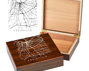 Louisville Kentucky Box | City Maps | Custom Engraved Keepsake Box | City Skyline | Downtown City Map | Custom Cigar Humidor | Humidor Gifts
