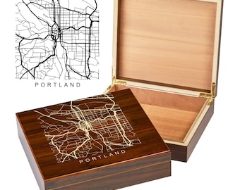 Portland Oregon Box | City Maps | Custom Engraved Keepsake Box | City Skyline | Downtown City Map | Custom Cigar Humidor | Humidor Gifts