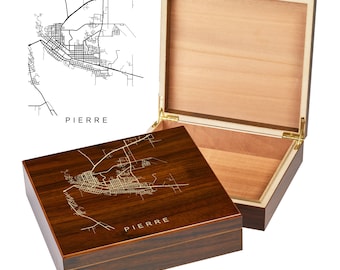 Pierre South Dakota Box | City Maps | Custom Engraved Keepsake Box | City Skyline | Downtown City Map | Custom Cigar Humidor | Humidor Gifts