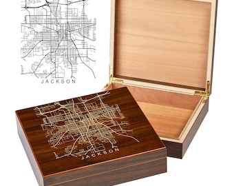Jackson Michigan Box | City Maps | Custom Engraved Keepsake Box | City Skyline | Downtown City Map | Custom Cigar Humidor | Humidor Gifts