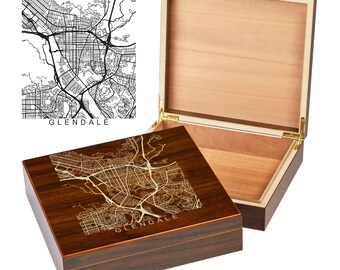Glendale California Box | City Maps | Custom Engraved Keepsake Box | City Skyline | Downtown City Map | Custom Cigar Humidor | Humidor Gifts