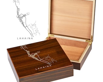 Lahaina Hawaii Box | City Maps | Custom Engraved Keepsake Box | City Skyline | Downtown City Map | Custom Cigar Humidor | Humidor Gifts