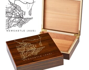 Newcastle Australia Keepsake Box | City Maps | Custom Engraved Keepsake Box | City Skyline | Downtown City Map | Custom Cigar | Humidor Gift