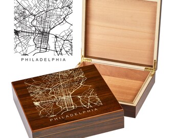 Philadelphia PA Box | City Maps | Custom Engraved Keepsake Box | City Skyline | Downtown City Map | Custom Cigar Humidor | Humidor Gifts