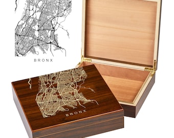 Bronx New York Box | City Maps | Custom Engraved Keepsake Box | City Skyline | Downtown City Map | Custom Cigar Humidor | Humidor Gifts
