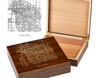 Tulsa Oklahoma Box | City Maps | Custom Engraved Keepsake Box | City Skyline | Downtown City Map | Custom Cigar Humidor | Humidor Gifts