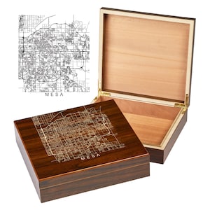 Boîte Mesa Arizona | Plans de la ville | Boîte souvenir gravée personnalisée | sur les toits de la ville | Plan du centre-ville | Cave à cigares personnalisée | Cadeaux pour caves à cigares
