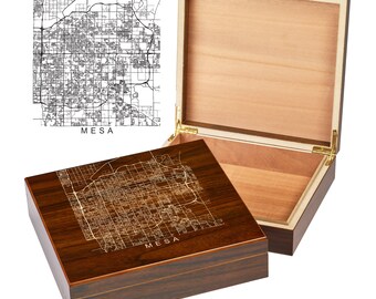 Mesa Arizona Box | City Maps | Custom Engraved Keepsake Box | City Skyline | Downtown City Map | Custom Cigar Humidor | Humidor Gifts
