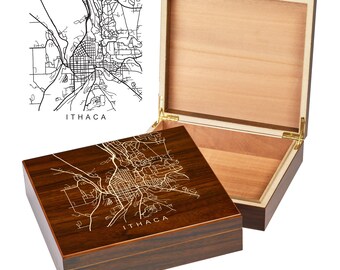 Ithaca New York Box | City Maps | Custom Engraved Keepsake Box | City Skyline | Downtown City Map | Custom Cigar Humidor | Humidor Gifts