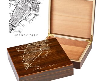 Jersey City NJ Box | City Maps | Custom Engraved Keepsake Box | City Skyline | Downtown City Map | Custom Cigar Humidor | Humidor Gifts