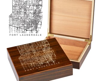 Fort Lauderdale Box | City Maps | Custom Engraved Keepsake Box | City Skyline | Downtown City Map | Custom Cigar Humidor | Humidor Gifts