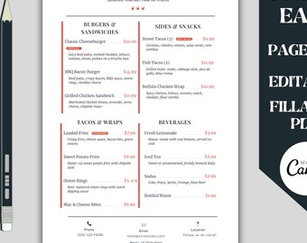 May include: A printable A4 menu template for "Street Eats," with a black and white design and red accents. The menu lists burgers, sandwiches, tacos, wraps, sides, snacks, and beverages. The text "Editable Fillable PDF" is also visible on the page.