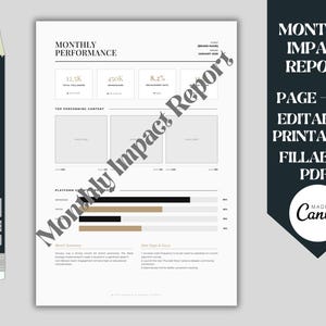 Puede incluir: Documento PDF imprimible de tamaño A4 con un diseño de informe de rendimiento mensual. El informe incluye secciones para el total de seguidores, impresiones y la tasa de participación. Un lápiz negro está en el lado izquierdo de la imagen.