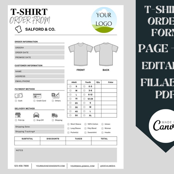 Fillable T-Shirt Order Form Editable, Printable Shirt Order Form, Editable Small Business Order Forms PDF, Business Printables.