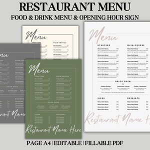 Modello di menu del ristorante, pacchetto di menu del ristorante minimo, cartello degli orari di apertura del ristorante, menu moderno, listino prezzi del modello di menu modificabile