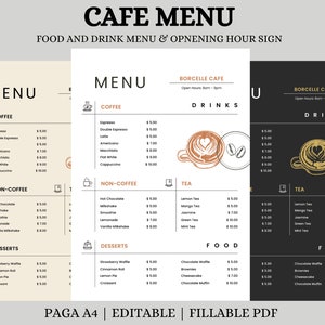 Plantilla de menú de café, letrero de cafetería, letrero de café, menú de restaurante, plantilla de menú, cafetería, menú editable, cafetería de tablero de menú