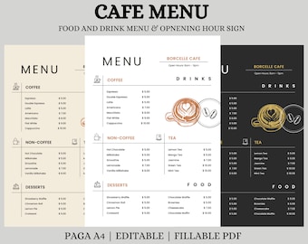 May include: A cafe menu with a black and white design. The menu lists coffee, tea, non-coffee drinks, desserts, and food items with prices. The cafe is called Borcelle Cafe and is open from 8am to 9pm.
