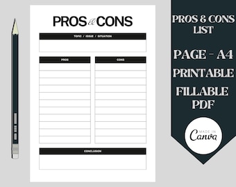 Pros and Cons List, Pros and Cons, Decision Making, Decision Maker, Problem Solving, Pro Con List, Decision Planner, Life Planner, to dolist