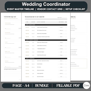 May include: A wedding coordinator template bundle with a master run of show, vendor contact grid, and setup checklist. The documents are in black and white with the text "Wedding Coordinator" at the top. The bundle is a fillable PDF.