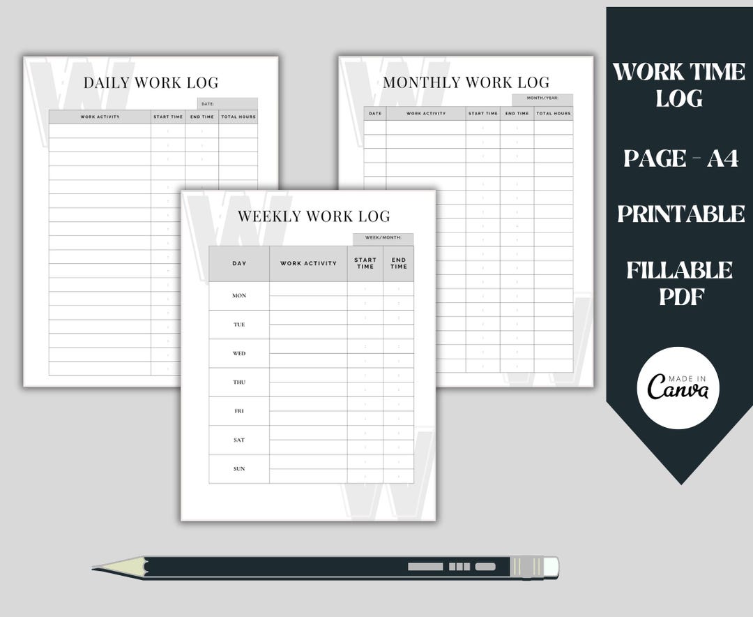 Printable Time Log: Daily, Weekly, Monthly Tracker (A4 PDF) - Etsy