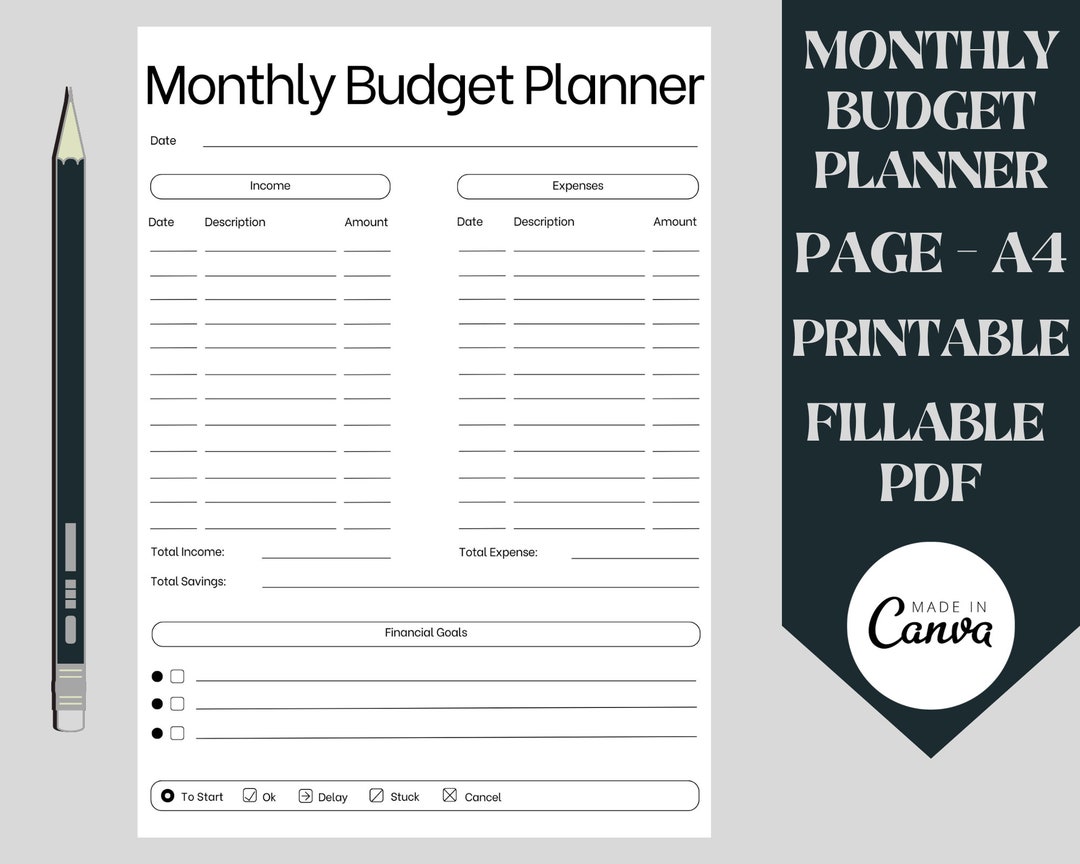 Monthly Budget Planner Printable & Fillable PDF, Budget Tracker