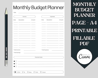 Op de afbeelding: Een zwart-wit afdrukbare pagina van een maandelijkse budgetplanner. De planner bevat secties voor inkomsten, uitgaven en financiële doelen. De tekst "Monthly Budget Planner" staat bovenaan. Er staat een potlood aan de linkerkant.