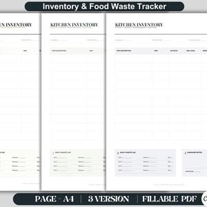 Könnte beinhalten: Drei weiße Kücheninventarblätter mit dem Text "Kitchen Inventory" oben. Die Blätter enthalten Abschnitte für Artikelbeschreibung, Einheit, auf Lager und Bestellmenge. Der untere Teil der Blätter hat einen Abschnitt "Daily Waste Log".