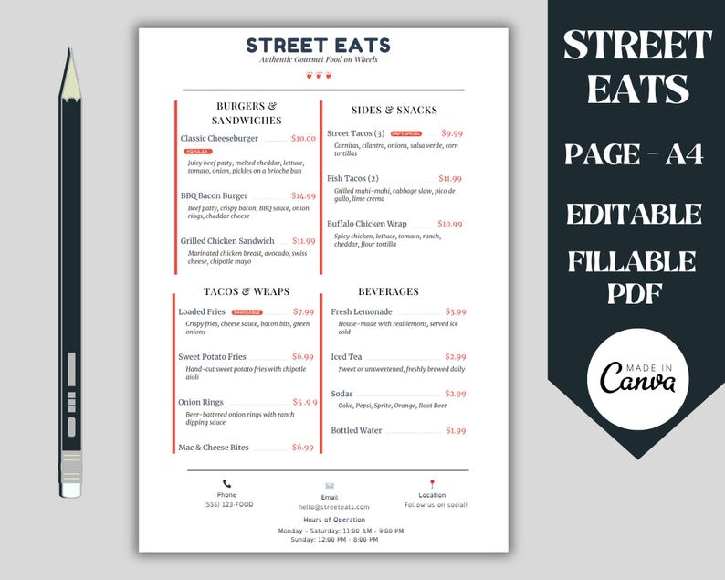 Food Truck Menu, Restaurant Menu, Menu Template, Canva Template, Food ...