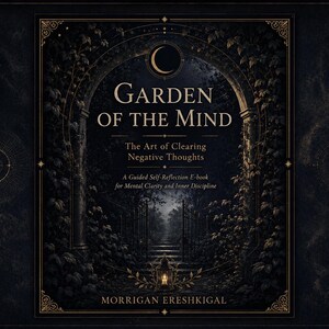 May include: A dark-themed e-book cover titled Garden of the Mind: The Art of Clearing Negative Thoughts by Morrigan Ereshkigal. The design features a central arched gateway surrounded by foliage, a glowing lantern, and celestial moon motifs.