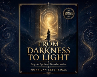 May include: A book cover titled From Darkness to Light: Steps to Spiritual Transformation by Morrigan Ereshkigal. The cover features a dark, starry background with a silhouette of a person standing before a glowing, golden arched portal.
