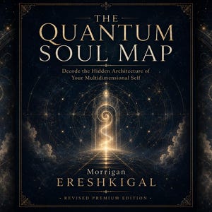 May include: A book cover titled The Quantum Soul Map: Decode the Hidden Architecture of Your Multidimensional Self by Morrigan Ereshkigal, Revised Premium Edition. The dark background features gold celestial patterns, spirals, and a central glowing archway.