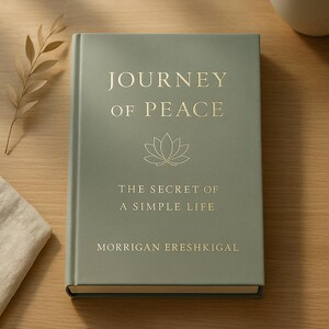 Puede incluir: Un libro de tapa dura verde salvia con el título "JOURNEY OF PEACE" en letras doradas. El libro presenta una ilustración de una flor de loto y el subtítulo "THE SECRET OF A SIMPLE LIFE". También se muestra el nombre del autor, Morrigan Ereshkigal.