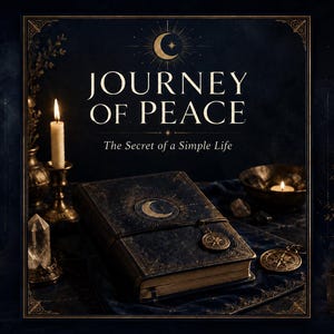 Könnte beinhalten: Ein dunkelblaues, ledergebundenes Buch mit einem goldenen Mondsichel-Emblem auf dem Einband, das den Text "JOURNEY OF PEACE" und "The Secret of a Simple Life" trägt. Das Buch ist von brennenden Kerzen, einem Kristall und goldenen Kompassanhängern umgeben.