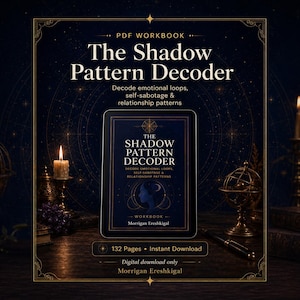 Puede incluir: Un libro de trabajo digital en PDF titulado The Shadow Pattern Decoder, con el texto: Decode emotional loops, self-sabotage & relationship patterns. La portada muestra una silueta de perfil, líneas celestiales y el nombre de la autora Morrigan Ereshkigal.