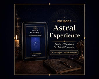 Puede incluir: Una tableta digital que muestra la portada de un libro en PDF titulado Astral Experience, una guía y libro de ejercicios para la proyección astral de Morrigan Ereshkigal. La pantalla muestra un fondo azul oscuro con líneas geométricas.