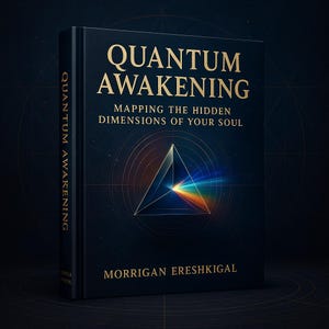 May include: A hardcover book titled "Quantum Awakening" with gold lettering. The cover features a geometric design with a rainbow light effect. The author's name, Morrigan Ereshkigal, is at the bottom. The spine also displays the title.