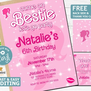 Doll Birthday Party Invitation | Hot Pink Malibu Doll Birthday | Lets Go Party Invite | Instant Download | Digital | Invitation for Girls