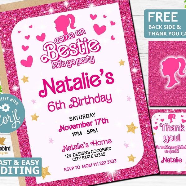 Pinke Einladung zur Geburtstagsfeier | Rosa Puppenparty Druckbare Einladung | Puppe Einladungsvorlage | Kindergeburtstag laden | Puppe laden