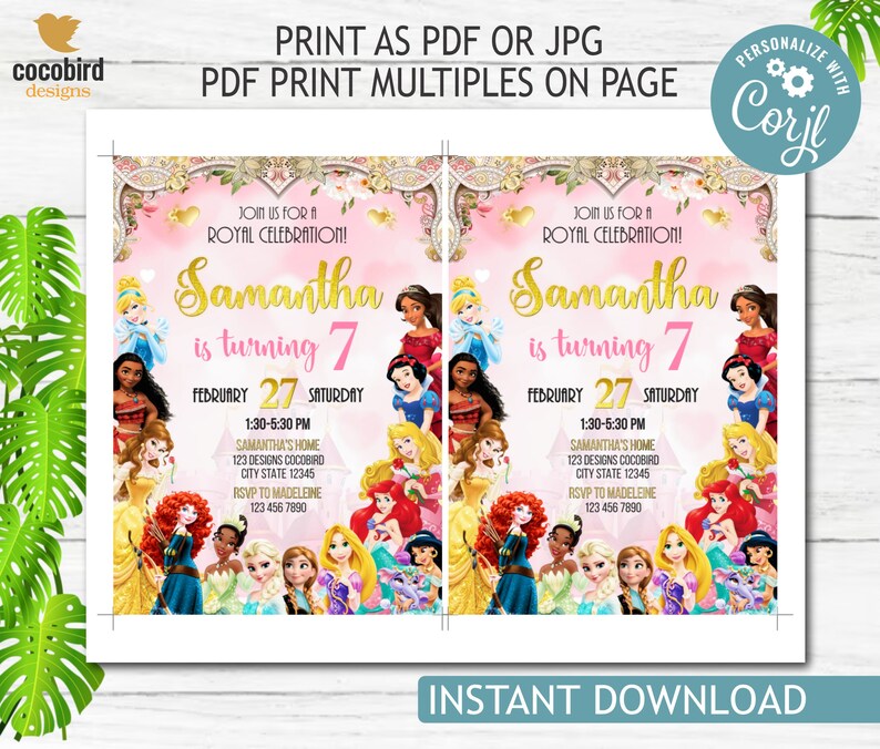 Princess 7th Birthday Party Invitation Card 7th 7 Princess Birthday
