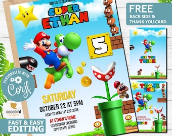 Invitación de cumpleaños de Mario / Super Brothers, plantilla editable (descarga digital)