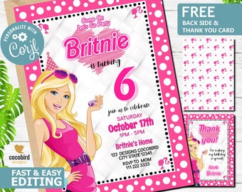 Pink Doll Birthday Party Invitation, Hot Pink, Printable (Digital Invite)
