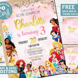 Editable 3rd Princess Birthday Party Invitation Princess 3rd 3 Digital Birthday Card Invitation Princesses Invitations Digital Download
