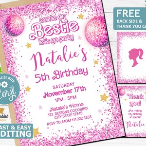 Pink Sparkle Birthday Invitation, Doll Invitation template, Princess Themed Decor, Girl Party Invite, Girl's Editable Invite, Printable Card
