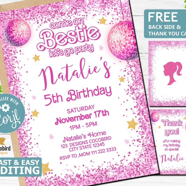 Pink Sparkle Birthday Invitation, Doll Invitation template, Princess Themed Decor, Girl Party Invite, Girl's Editable Invite, Printable Card