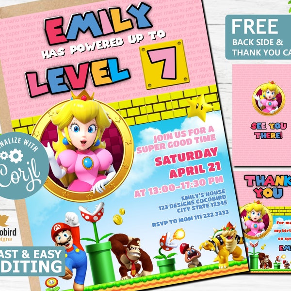 Princess Peach Birthday Invitation | Super Mario Princess Invitation | Princess Peach Birthday Invites | Super Mario Bros | Invitation Girls