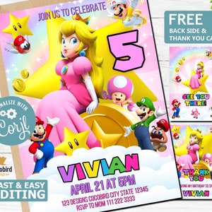 Convite Princesa Peach, Convite de Aniversário de Princesa, Modelo Digital Mario, Super Mario Bros, Cartão de Convite de Aniversário de Princesa Super Mario