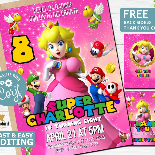 Princess Peach Birthday Invitation | Super Mario Princess Invitation | Princess Peach Birthday Invites | Super Mario Bros | Thank You Card